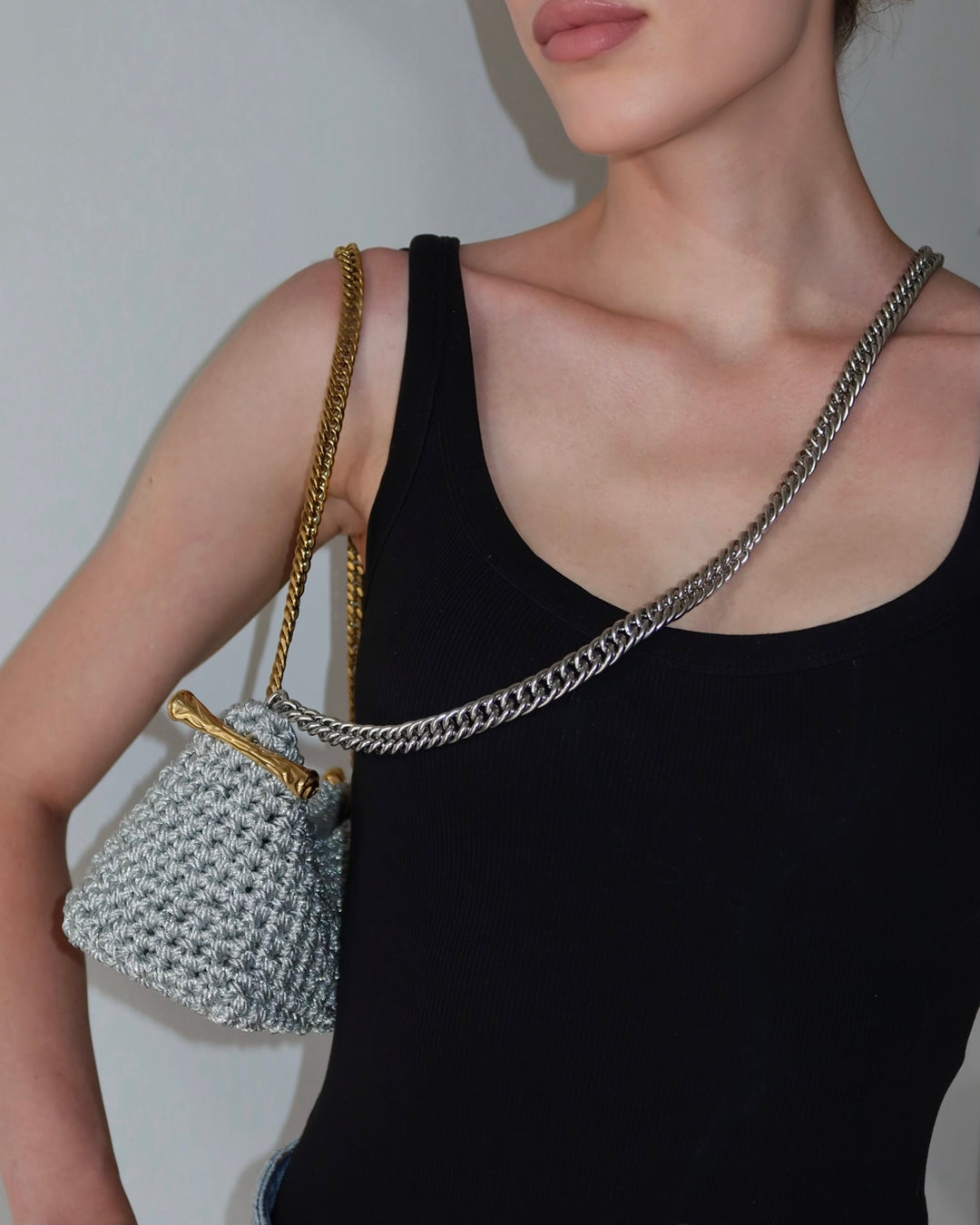 Double Handle Stella Clasp Bag - Metallic Silver