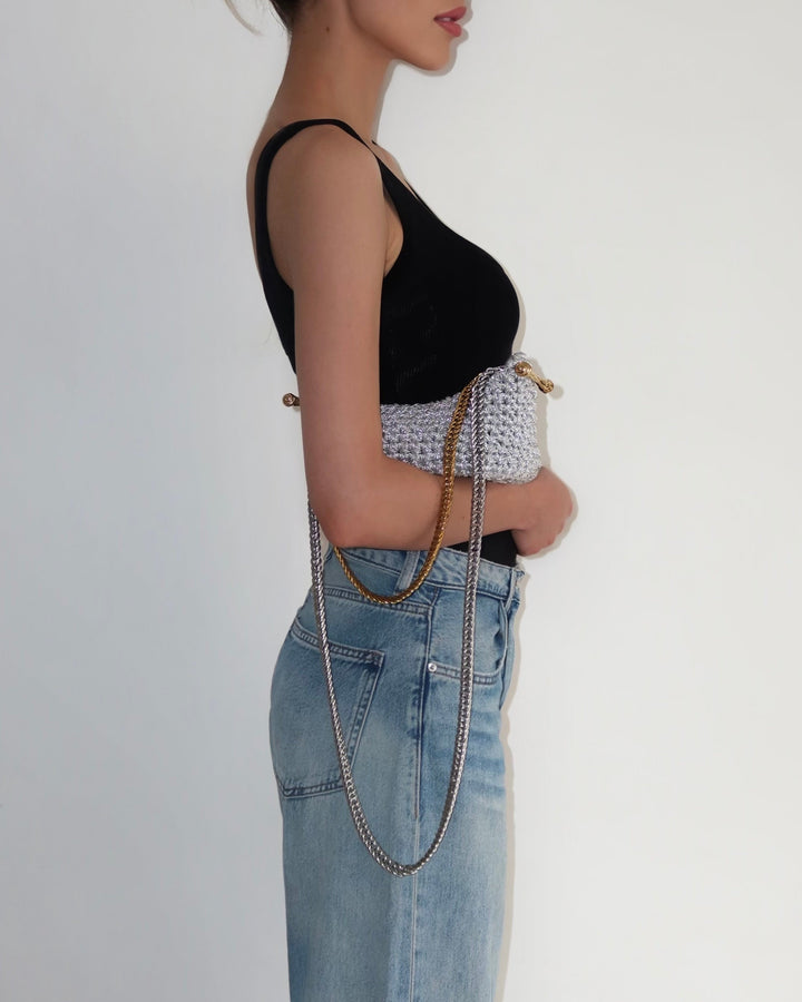 Double Handle Stella Clasp Bag - Metallic Silver