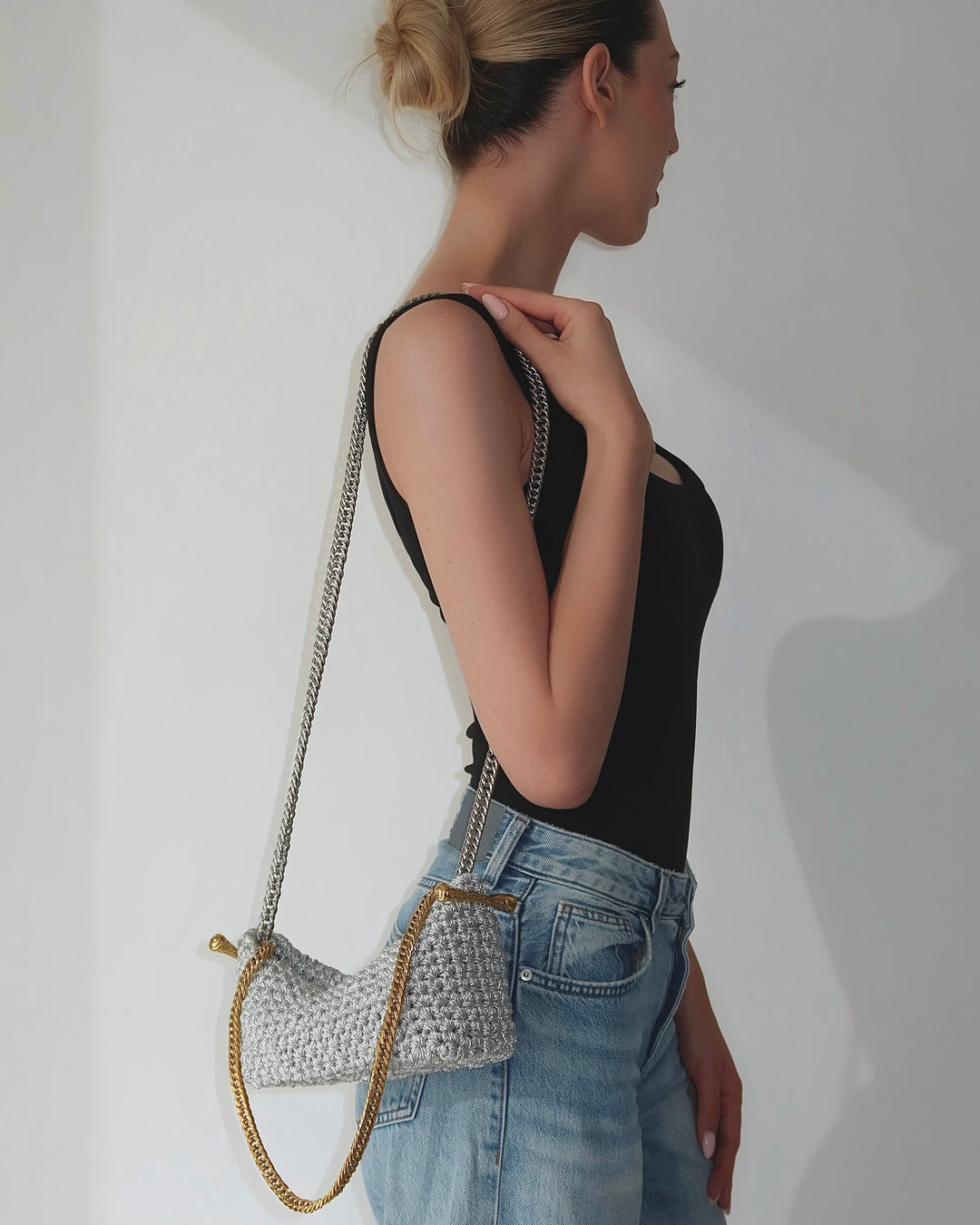 Double Handle Stella Clasp Bag - Metallic Silver