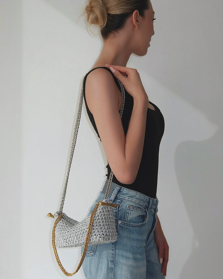 Double Handle Stella Clasp Bag - Metallic Silver