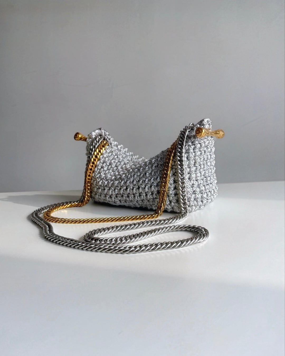 Double Handle Stella Clasp Bag - Metallic Silver