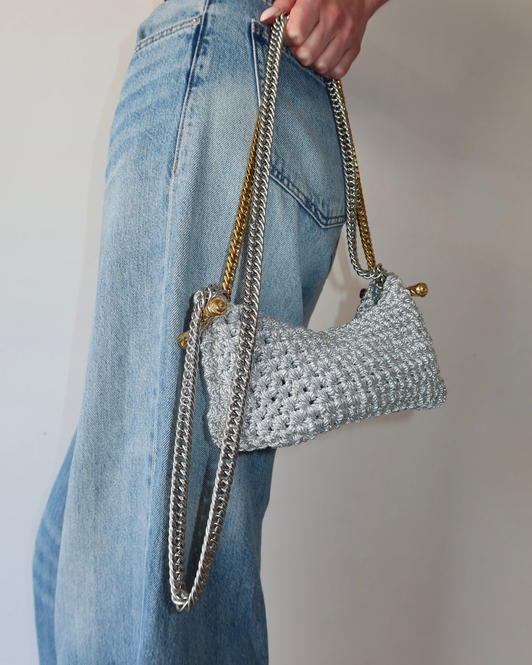 Double Handle Stella Clasp Bag - Metallic Silver