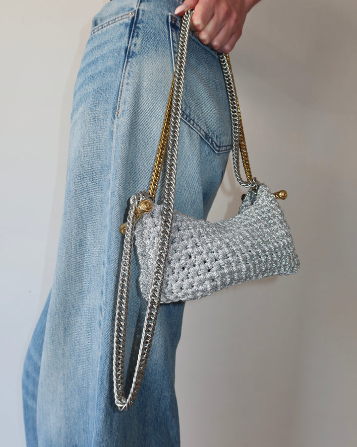 Double Handle Stella Clasp Bag - Metallic Silver