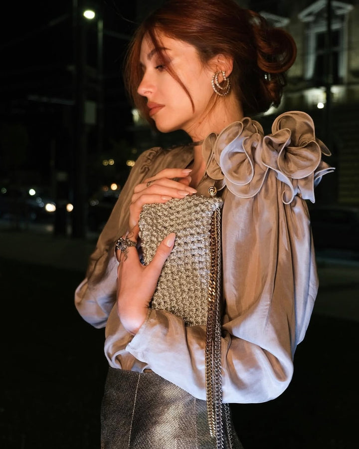 Double Handle Stella Clasp Bag - Metallic Silver
