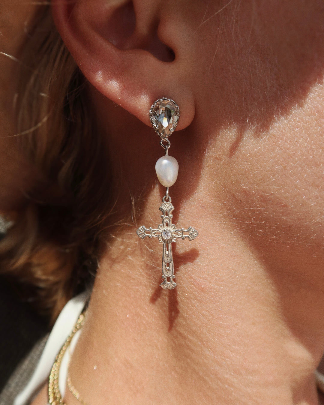 Gothic Cross Pearl Earrings