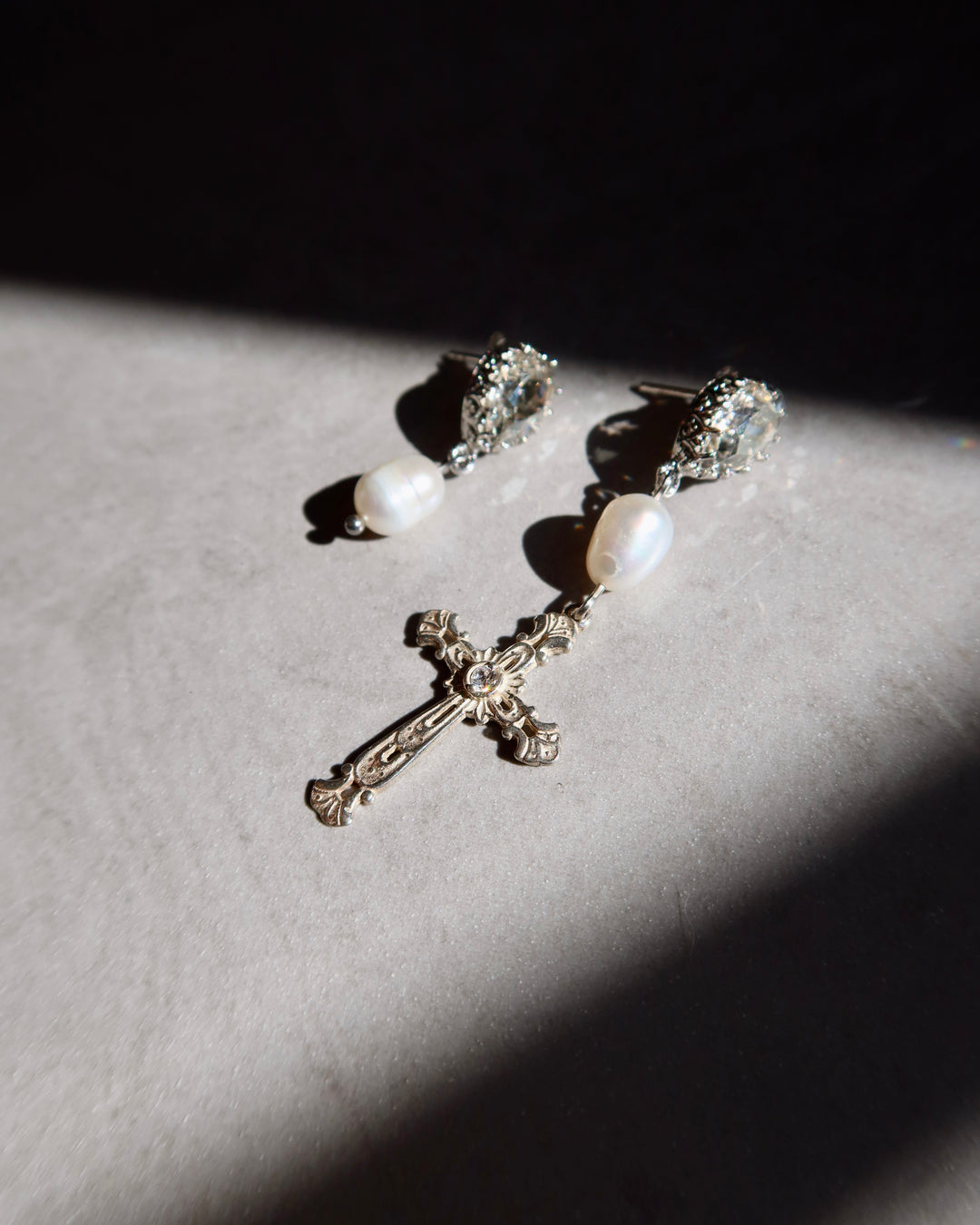 Gothic Cross Pearl Earrings